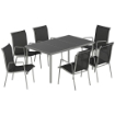 Set da Esterno 7pz con 6 Sedie Impilabili in Texteline e Tavolino da CaffÞ con Piano in Vetro, Nero e Argento