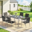 Set da Esterno 7pz con 6 Sedie Impilabili in Texteline e Tavolino da CaffÞ con Piano in Vetro, Nero e Argento