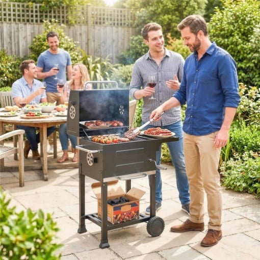 Barbecue a Carbone con Termometro per Patio e Giardino, Nero