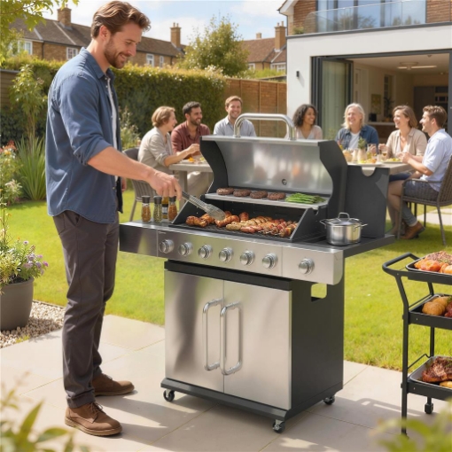 Gas Barbecue, 6 Burners, Side Burner, Cast Iron Grill, Cabinet Included.