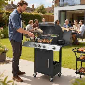 BARBECUE A GAS CON 3 FUOCHI E BRUCIATORE LATERALE, 109X50X109 CM, NERO