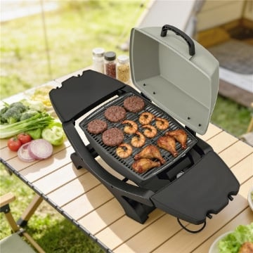 BARBECUE ELETTRICO 2300W, PORTATILE DA TAVOLO CON RIPIANI LATERALI, COLORE NERO.