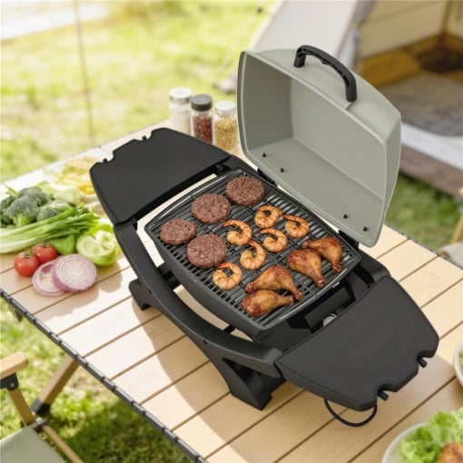 BARBECUE ELETTRICO 2300W, PORTATILE DA TAVOLO CON RIPIANI LATERALI, COLORE NERO.