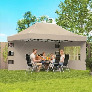 GAZEBO POP UP PIEGHEVOLE CON PARETI LATERALI E FINESTRE, 2.9X4.3 M, IN METALLO E TESSUTO OXFORD, MARRONE SABBIA