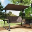 Dondolo da Giardino 3 Posti con Tettuccio Regolabile, Dondolo da Esterno in Metallo con Vassoi Porta Bicchieri, Cuscini Imbottiti, Portata 360kg, per Terrazzo Balcone, 222x131x175 cm, Marrone