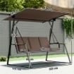 Dondolo da Giardino 3 Posti con Tettuccio Regolabile, Dondolo da Esterno in Metallo con Vassoi Porta Bicchieri, Cuscini Imbottiti, Portata 360kg, per Terrazzo Balcone, 222x131x175 cm, Marrone