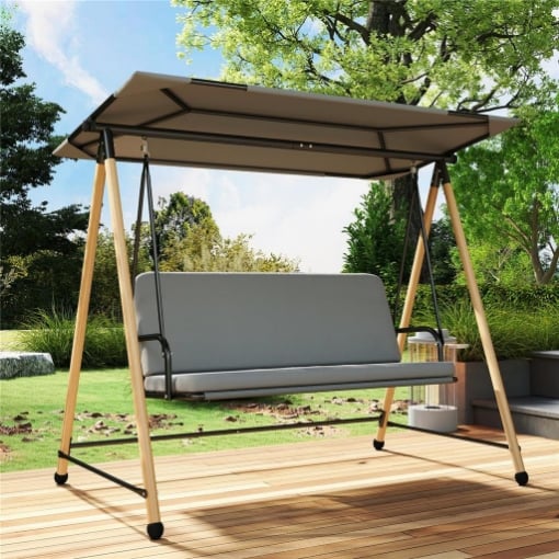 Dondolo 3 Posti con Tettoia Regolabile e Cuscino, in Acciaio, Texteline e Poliestere, 208x125x180 cm, Grigio