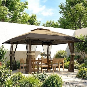 Gazebo Pieghevole 4x4 m con 4 Zanzariere Laterali, Doppio Tetto e Sacchi di Sabbia, Cachi e Marrone