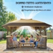 Gazebo Pieghevole 4x4 m con 4 Zanzariere Laterali, Doppio Tetto e Sacchi di Sabbia, Cachi e Marrone