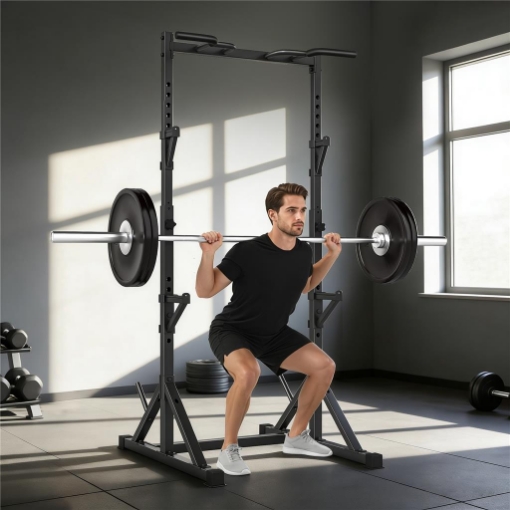 SQUAT RACK E RACK BILANCIERE ALTEZZA REGOLABILE MULTIFUNZIONE, NERO