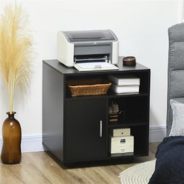 Mobile Porta Stampante a Rotelle con Armadietto e 3 Ripiani Aperti, in Legno, 60x50x65.5 cm, Nero
