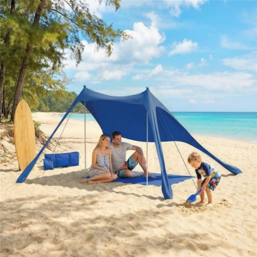 Tenda Spiaggia 2-4 Persone, Tappetino, Paletta, Parasole UPF50+, Blu