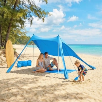 Tenda Spiaggia 2-4 Persone, Tappetino, Pala, Protezione Solare UPF50+, Azzurro