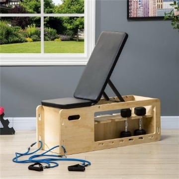 PANCA MULTIFUNZIONE CON SCHIENALE REGOLABILE, VANO CONTENITORE, RACK PER PESI ED ELASTICI, LEGNO