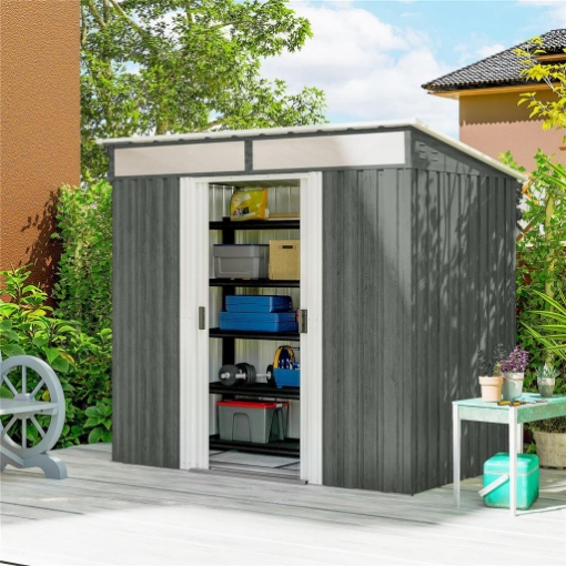Casetta da Giardino con Porte Scorrevoli e Pavimentazione in Acciaio, 195x122x181.5 cm, Grigio Chiaro