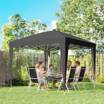 Gazebo 3x3 m Pieghevole ad Altezza Regolabile con Luce Centrale e Telecomando, in Metallo e Poliestere, Nero