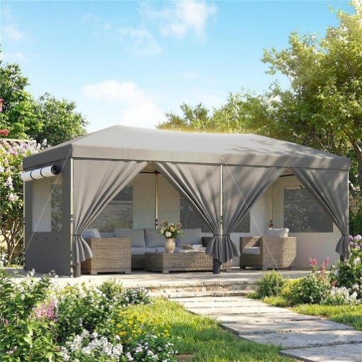 Gazebo Pieghevole 3x6 m Pop Up con 6 Pareti Laterali, Sacchi di Sabbia, Borsa con Ruote, UV50+, Grigio Scuro