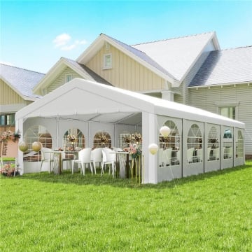 Tendone da Giardino 10x5 m con 10 Pareti Laterali Rimovibili, in PE e Metallo Galvanizzato, Bianco