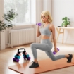 SET 6 MANUBRI PESI (2X1 KG, 2X2 KG, 2X3 KG) DA 12 KG CON SUPPORTO/KETTLEBELL, IN METALLO E PP ROSA, AZZURRO E VIOLA