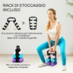 SET 6 MANUBRI PESI (2X1 KG, 2X2 KG, 2X3 KG) DA 12 KG CON SUPPORTO/KETTLEBELL, IN METALLO E PP ROSA, AZZURRO E VIOLA