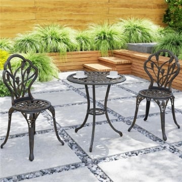 Set da Esterno 3 Pezzi con 2 Sedie da Giardino e Tavolo Rotondo con Foro per Ombrellone, Bronzo
