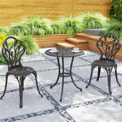 Set da Esterno 3 Pezzi con 2 Sedie da Giardino e Tavolo Rotondo con Foro per Ombrellone, Bronzo
