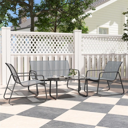 SET DA ESTERNO CON PANCHINA 2 POSTI, 2 SEDIE E TAVOLINO DA CAFFÞ, METALLO E TEXTELINE, GRIGIO CHIARO