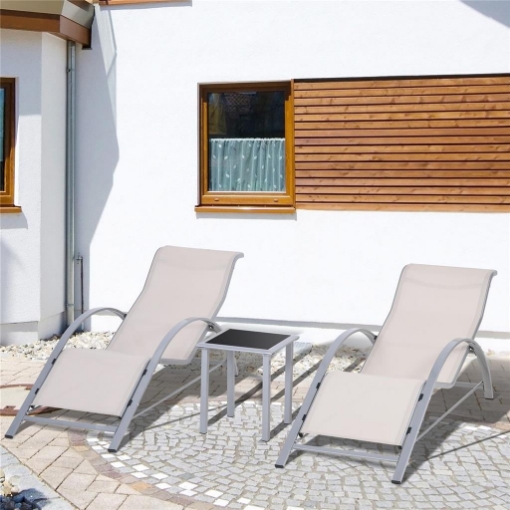 Set di 2 Lettini Prendisole e Tavolino con Piano in Vetro, 59x169x66 cm, Crema