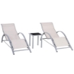 Set di 2 Lettini Prendisole e Tavolino con Piano in Vetro, 59x169x66 cm, Crema