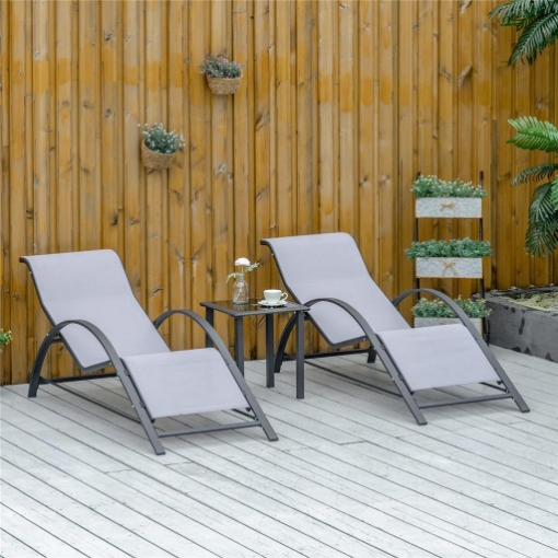 Set di 2 Lettini Prendisole e Tavolino con Piano in Vetro, 59x169x66 cm, Grigio Chiaro
