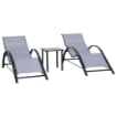 Set di 2 Lettini Prendisole e Tavolino con Piano in Vetro, 59x169x66 cm, Grigio Chiaro