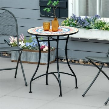 TAVOLO DA GIARDINO TONDO Ï60CM IN METALLO E MOSAICO, ARREDAMENTO DA ESTERNO E INTERNO, ROSSO