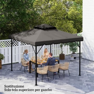 Copertura per Gazebo 3x3 m a 2 Livelli con 8 Fori di Drenaggio, in Poliestere Grigio Chiaro e Scuro