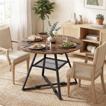 Tavolo da pranzo 4 posti, 100 cm rotondo, cucina industriale, ripiano portaoggetti, marrone rustico.