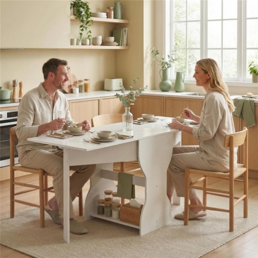 Tavolo da Pranzo Pieghevole per 4 Persone con Ripiano, in Legno, 160x60x75 cm, Bianco
