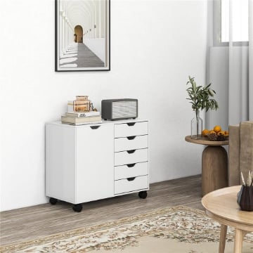 Mobile Laterale con 5 Cassetti, Armadietto con Ripiano Regolabile, Mobiletto da Ufficio su Ruote, Supporto per Stampante per Ufficio Domestico, Bianco