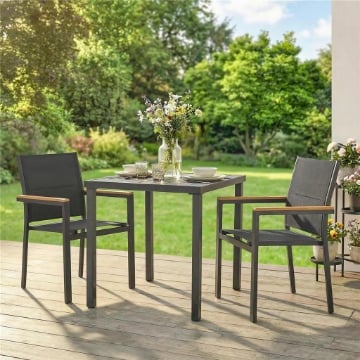 SET 2 SEDIE GIARDINO IMPILABILI CON SEDUTA E SCHIENALE IMBOTTITI, GRIGIO SCURO