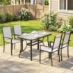 SET DA GIARDINO 5PZ CON 4 SEDIE IMPILABILI E TAVOLO IN VETRO TEMPERATO CON FORO PER OMBRELLONE, GRIGIO CHIARO