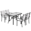 SET DA GIARDINO 5PZ CON 4 SEDIE IMPILABILI E TAVOLO IN VETRO TEMPERATO CON FORO PER OMBRELLONE, GRIGIO CHIARO