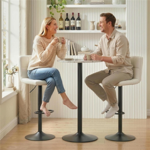SET 2 SGABELLI DA BAR REGOLABILI CON POGGIAPIEDI, IN PELLE PU E ACCIAIO, 39.5X44X88-110 CM, CREMA