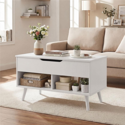 TAVOLINO DA CAFFÞ CON PIANO SOLLEVABILE E SPAZIO NASCOSTO, 75 CM BIANCO PUNZONATO