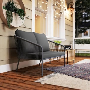 DIVANO 2 POSTI STILE BOHO CON CUSCINI SFODERABILI E BRACCIOLI, IN ACCIAIO E RATTAN PE, 112X72X76 CM, GRIGIO