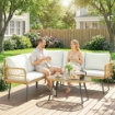 SALOTTO DA GIARDINO 4PZ CON 2 DIVANI 2 POSTI, ANGOLO E TAVOLINO DA CAFFÞ, IN ACCIAIO E RATTAN, LEGNO E CREMA