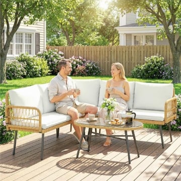 SALOTTO DA GIARDINO 4PZ CON 2 DIVANI 2 POSTI, ANGOLO E TAVOLINO DA CAFFÞ, IN ACCIAIO E RATTAN, LEGNO E CREMA