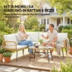 SALOTTO DA GIARDINO 4PZ CON 2 DIVANI 2 POSTI, ANGOLO E TAVOLINO DA CAFFÞ, IN ACCIAIO E RATTAN, LEGNO E CREMA