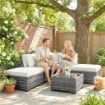 MOBILI DA GIARDINO 6PZ IN RATTAN E ACCIAIO CON DIVANO, TAVOLINO E CUSCINI, GRIGIO