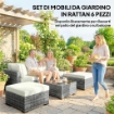 MOBILI DA GIARDINO 6PZ IN RATTAN E ACCIAIO CON DIVANO, TAVOLINO E CUSCINI, GRIGIO