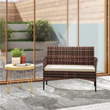 DIVANO DA GIARDINO 2 POSTI CON CUSCINI E TAPPETINI ANTISCIVOLO, IN RATTAN E ACCIAIO, 115X63X85 CM, BEIGE