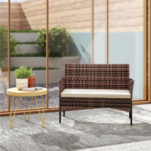 DIVANO DA GIARDINO 2 POSTI CON CUSCINI E TAPPETINI ANTISCIVOLO, IN RATTAN E ACCIAIO, 115X63X85 CM, BEIGE