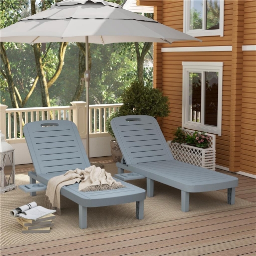 SET 2 LETTINI PRENDISOLE CON SCHIENALE REGOLABILE E VASSOI, IN POLIPROPILENE, 62X158X88 CM, GRIGIO SCURO